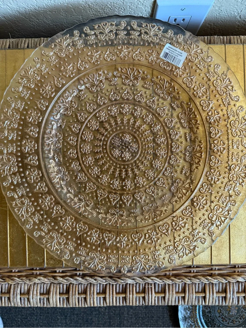 Made in turkey, glass, rose, gold charger, platter, decorative plate
